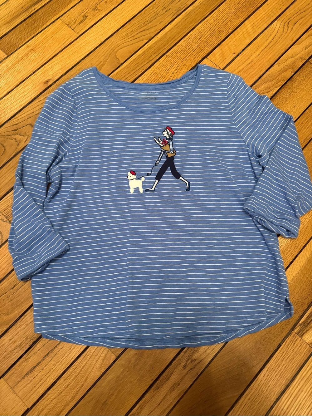 Talbots Blue Striped Long-Sleeve Tee with Dog-Walking Embroidery